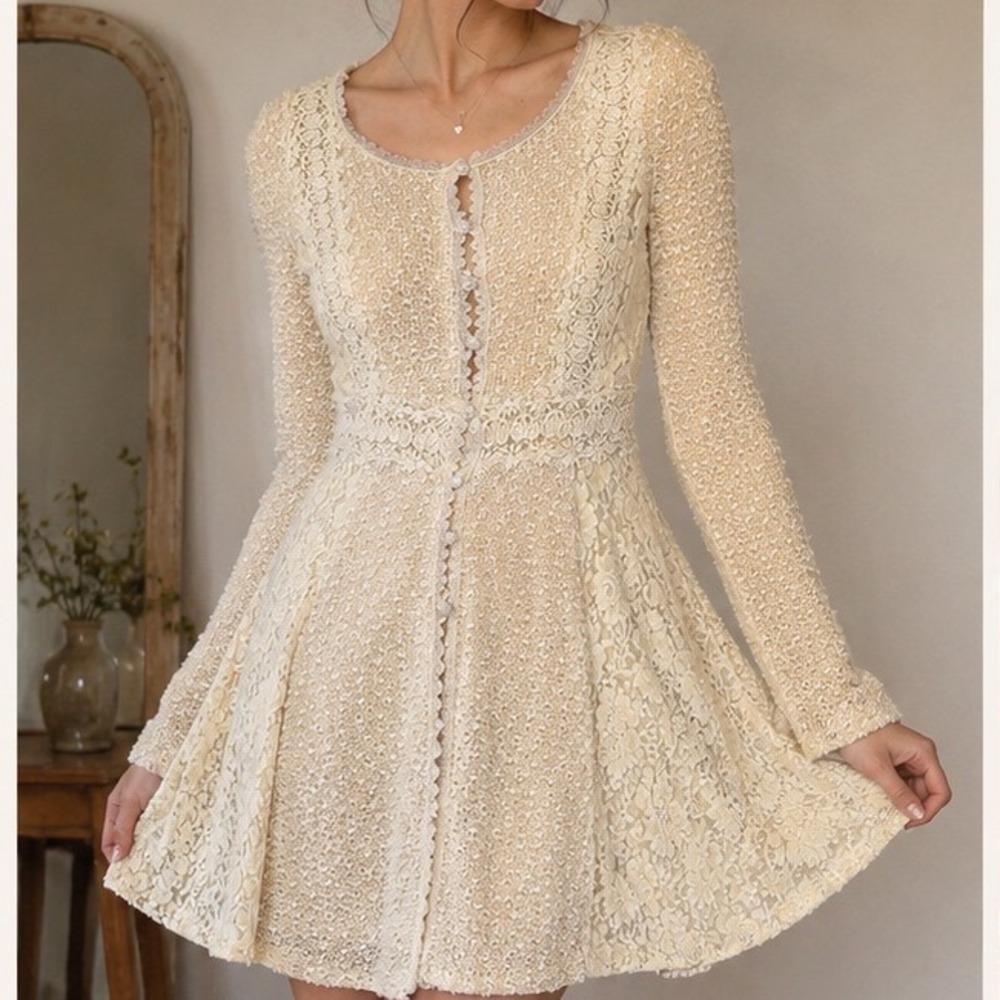 Ryu Lace Mini Dress Womens S Cream Boho Cottagecore Long Sleeve Fit Flare